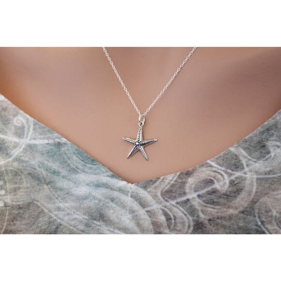 Sterling Silver Starfish Necklace, Silver Starfish Charm Necklace - Picture 2 of 3